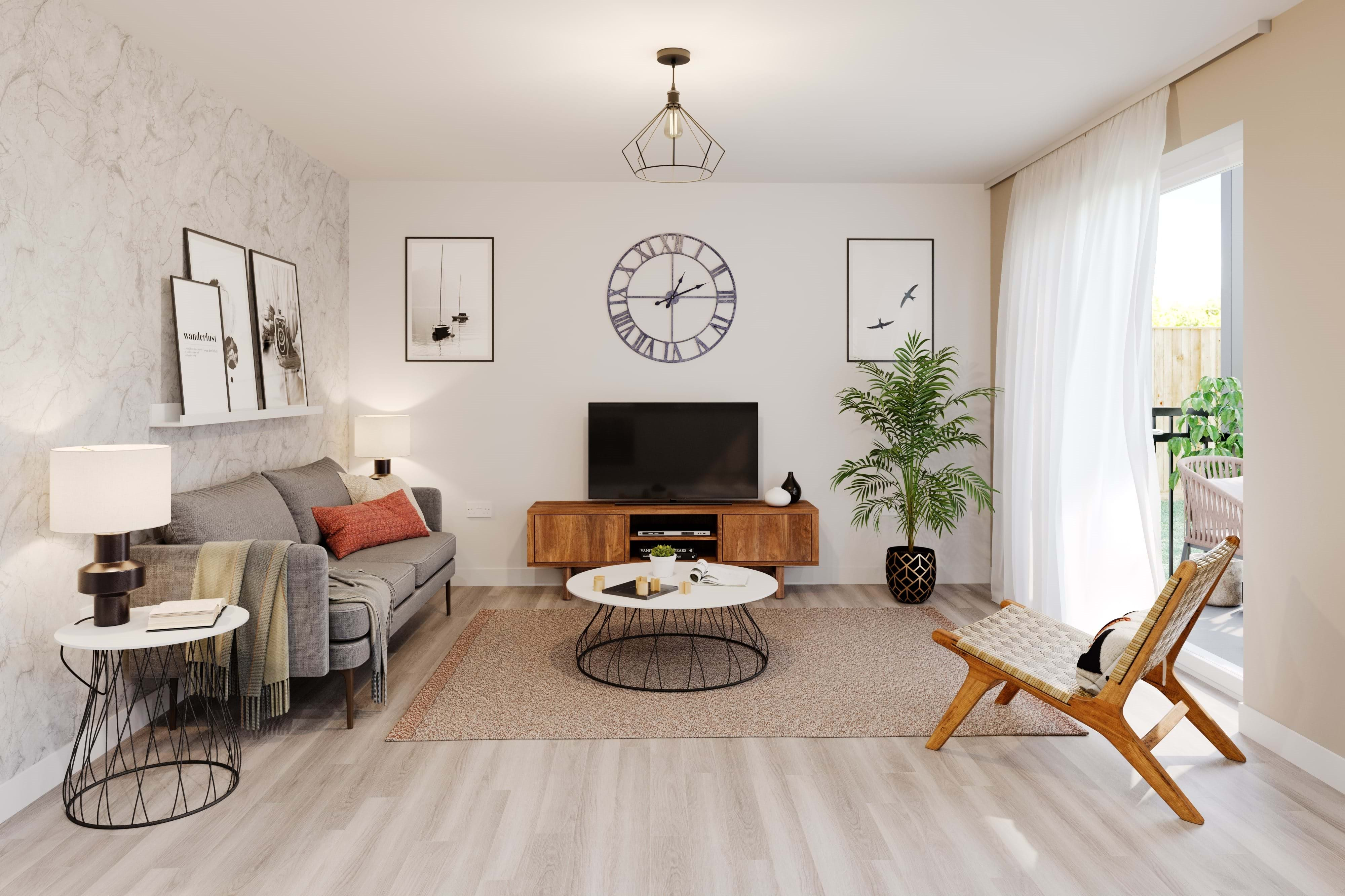 Living room in the 1 bed Shared Ownership apartment at Limebrook Walk, Essex