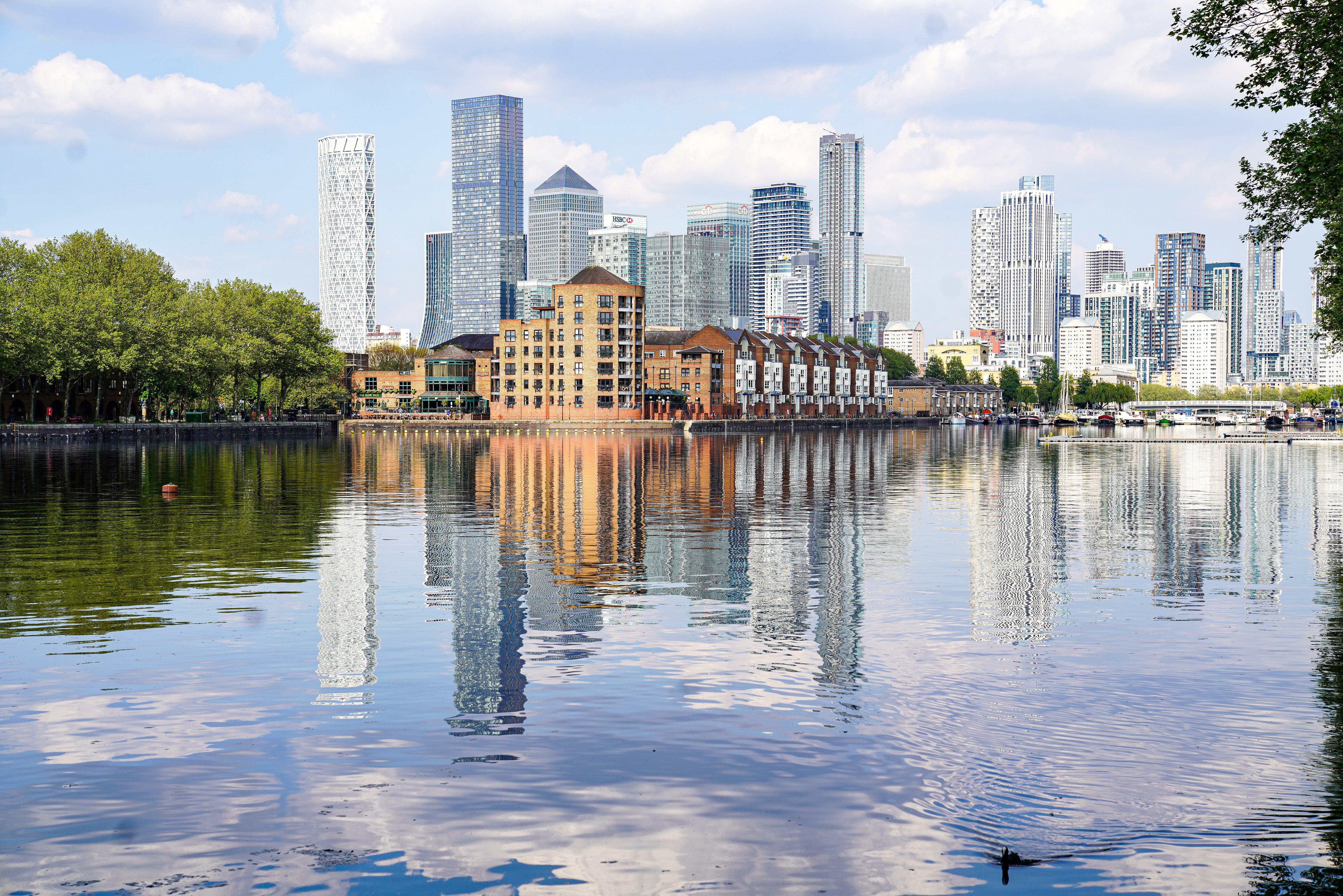 Canary Wharf buildings with canal in the forefront