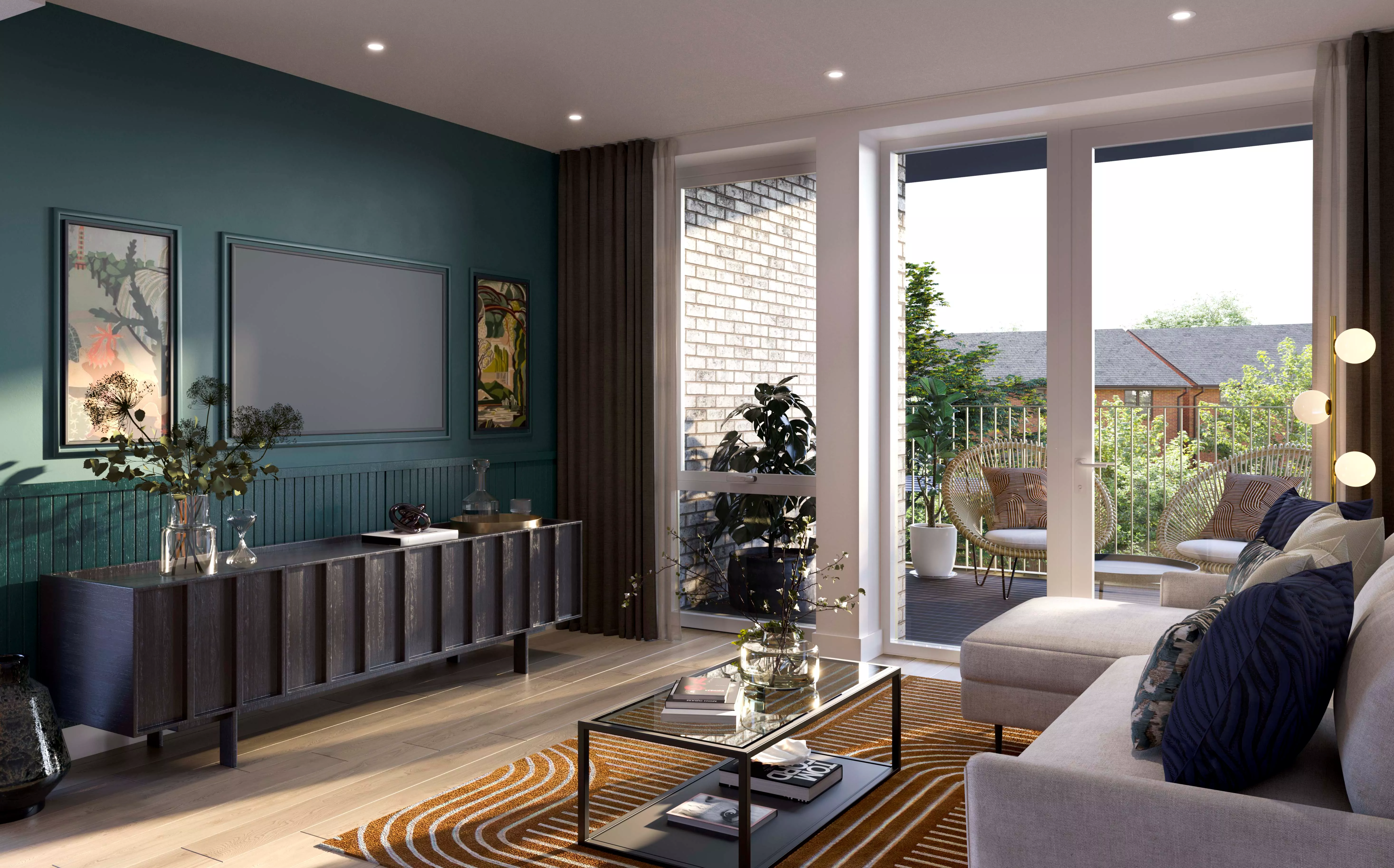 CGI of one of our Verdean homes' living-room with balcony